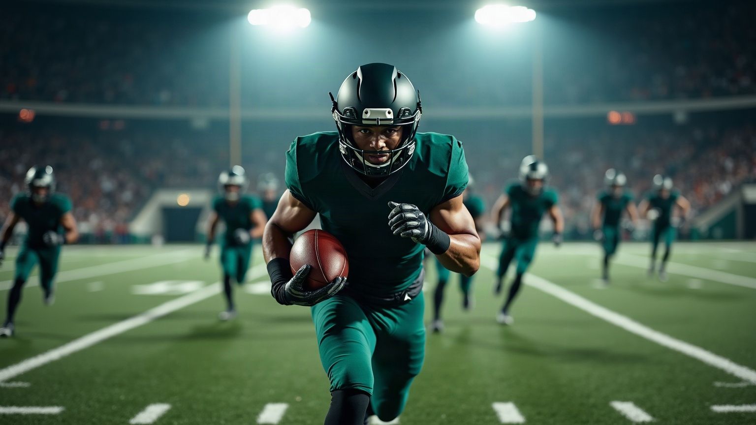 A football player in a plain unbranded green uniform running the ball under stadium floodlights at night.