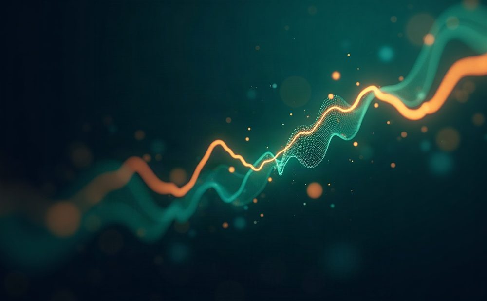 Abstract visualisation of two market lines crossing, one rising and one falling.